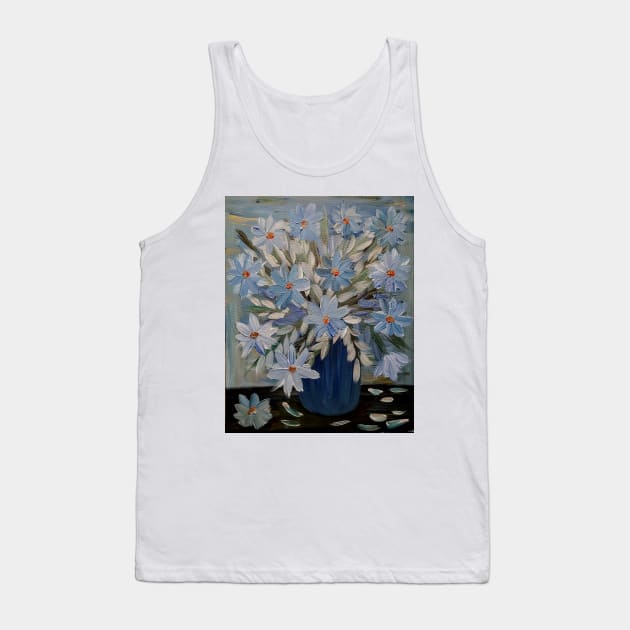 stunning some abstract flowers and silver leaves in a Blue and teal vase and I love the vase in metallic finish on it . Tank Top by kkartwork